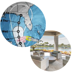 A hurricane tracking map and a calm, covered patio.